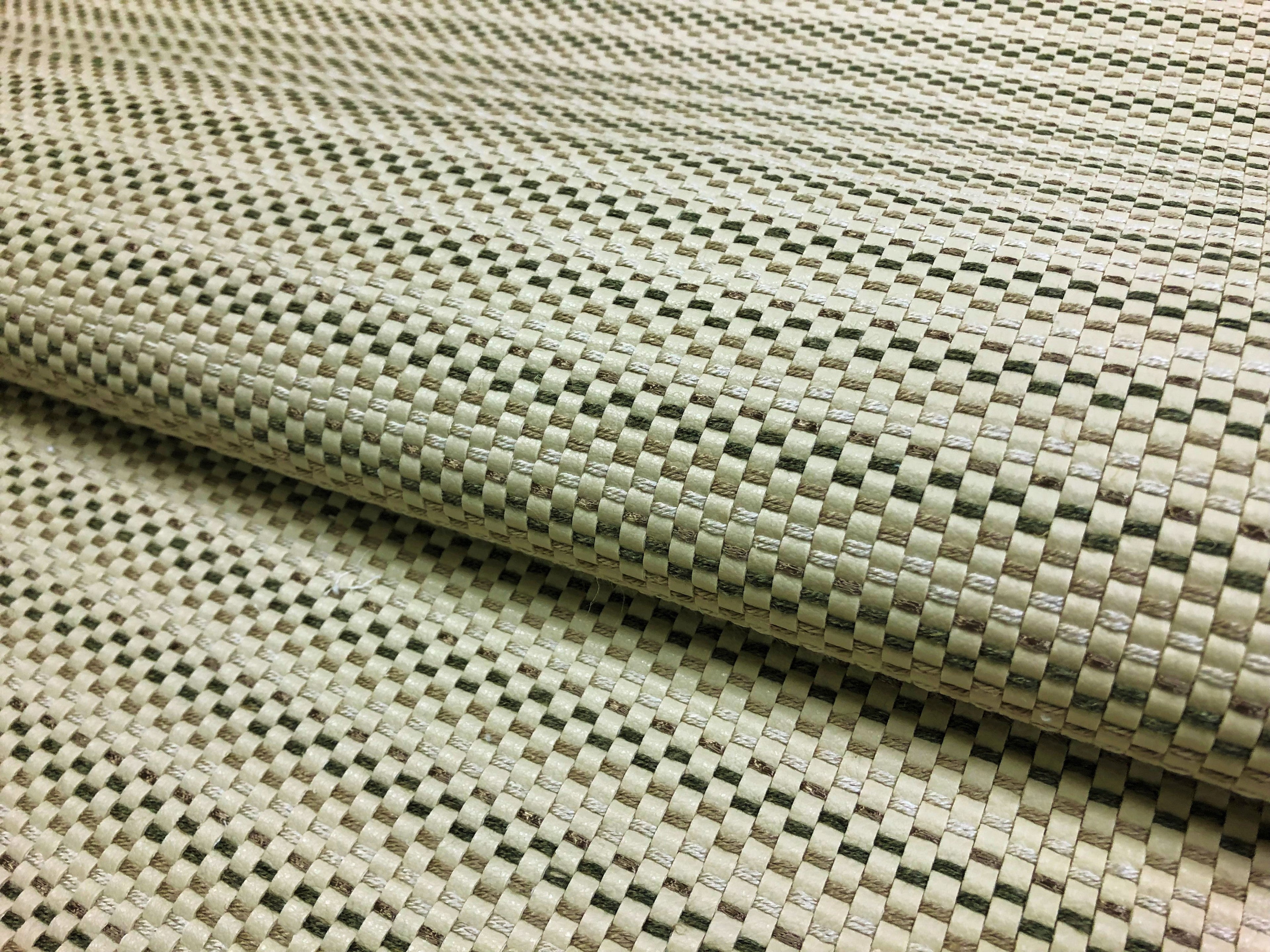 1 1/3 Yard Designer Woven Vegan Faux Leather Beige Taupe Green Basketweave Upholstery Vinyl Fabric